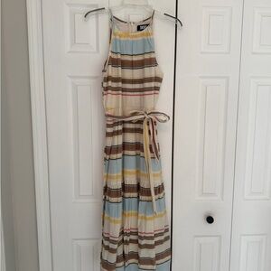 DKNY Striped Maxi Dress in Cream, Brown, and Blue